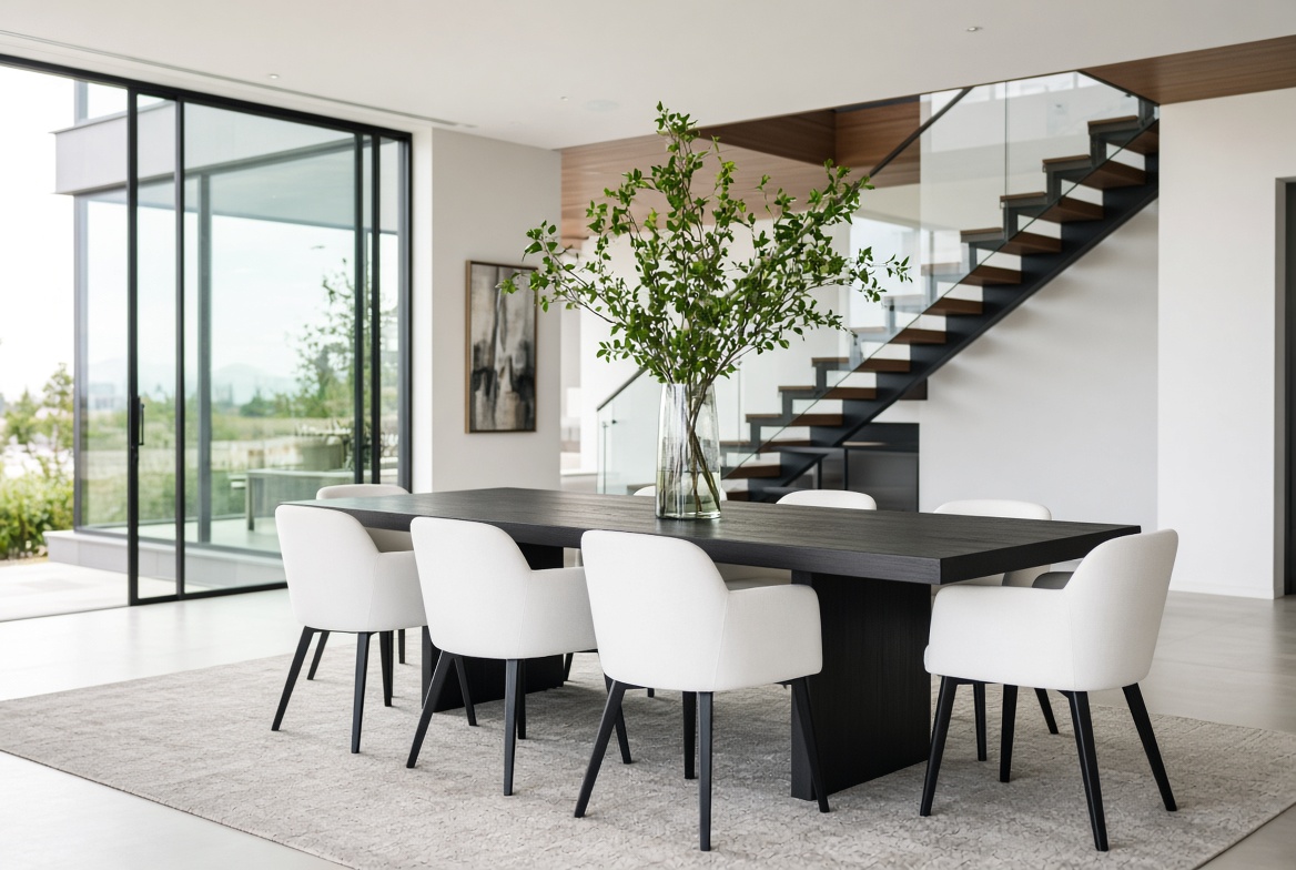Clean modern dining room ready for clients