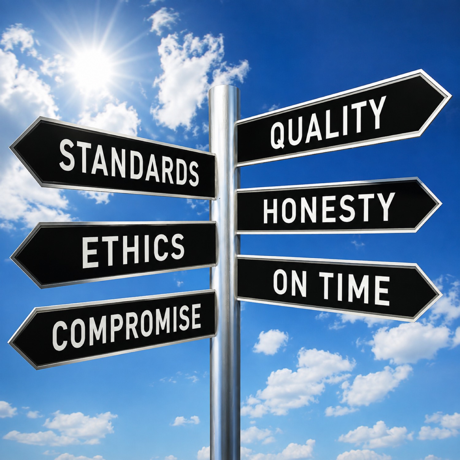 Quality, honesty, ethics, standards, and on-time service