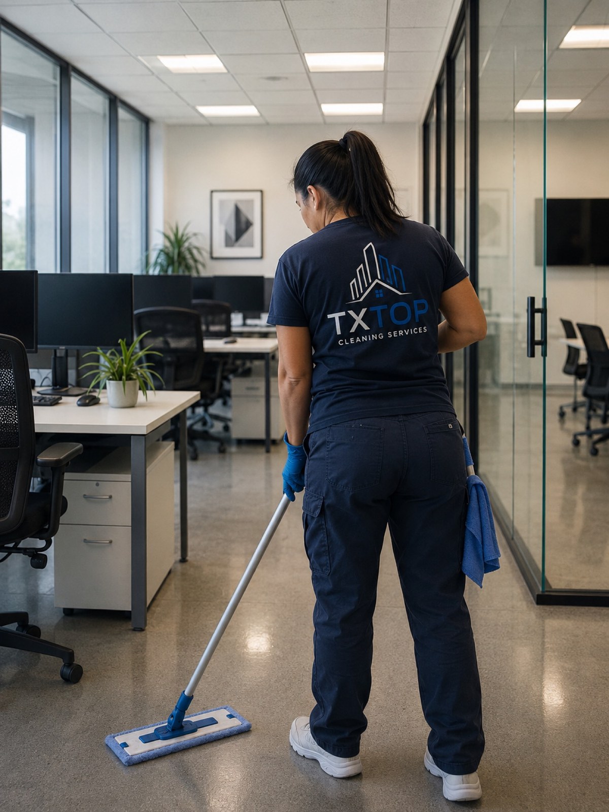 Tx Top commercial cleaning team member cleaning an office